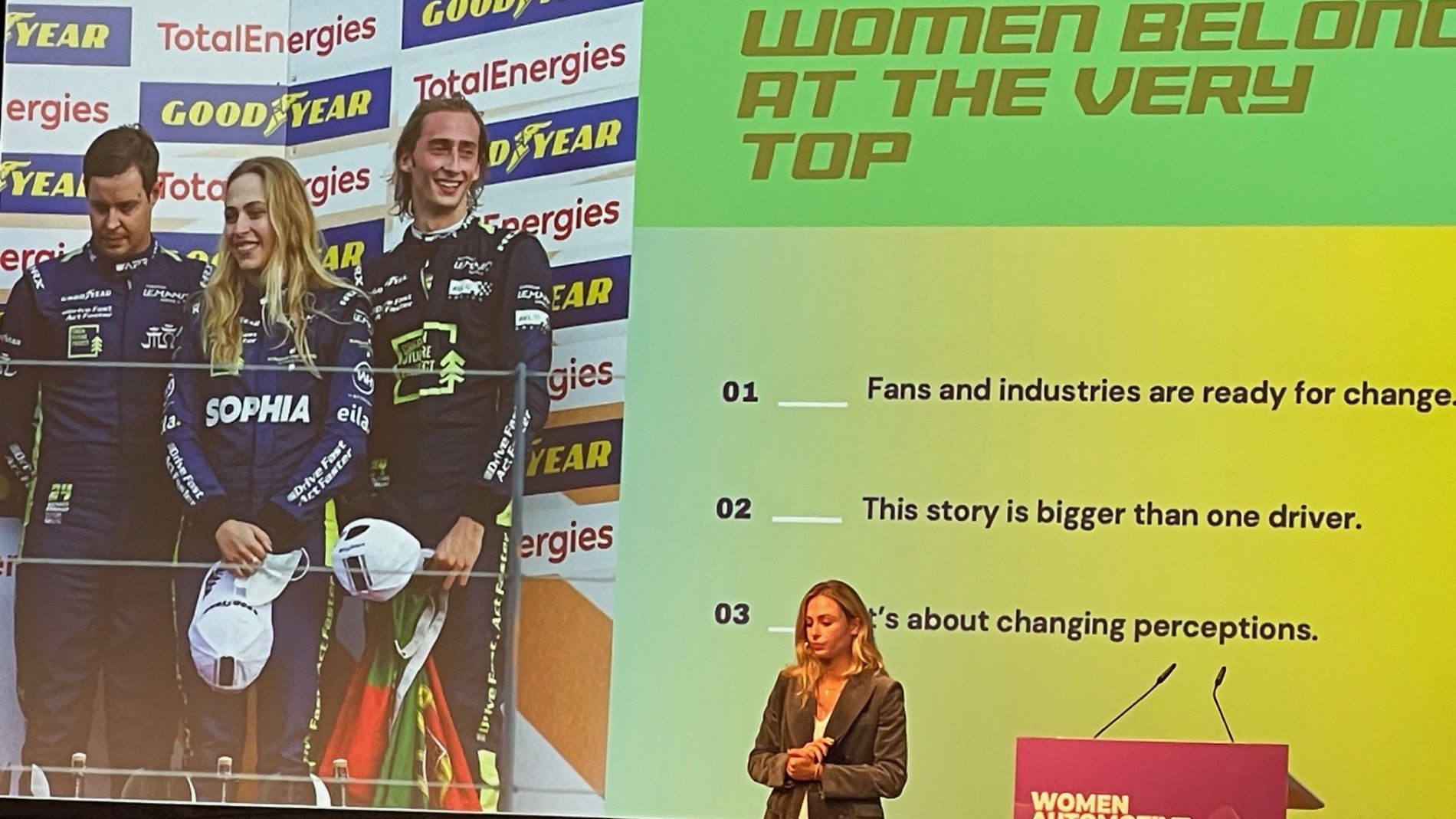 Presentation on women in motorsport at Women Automotive Summit Europe titled ‘Women Belong at the Very Top