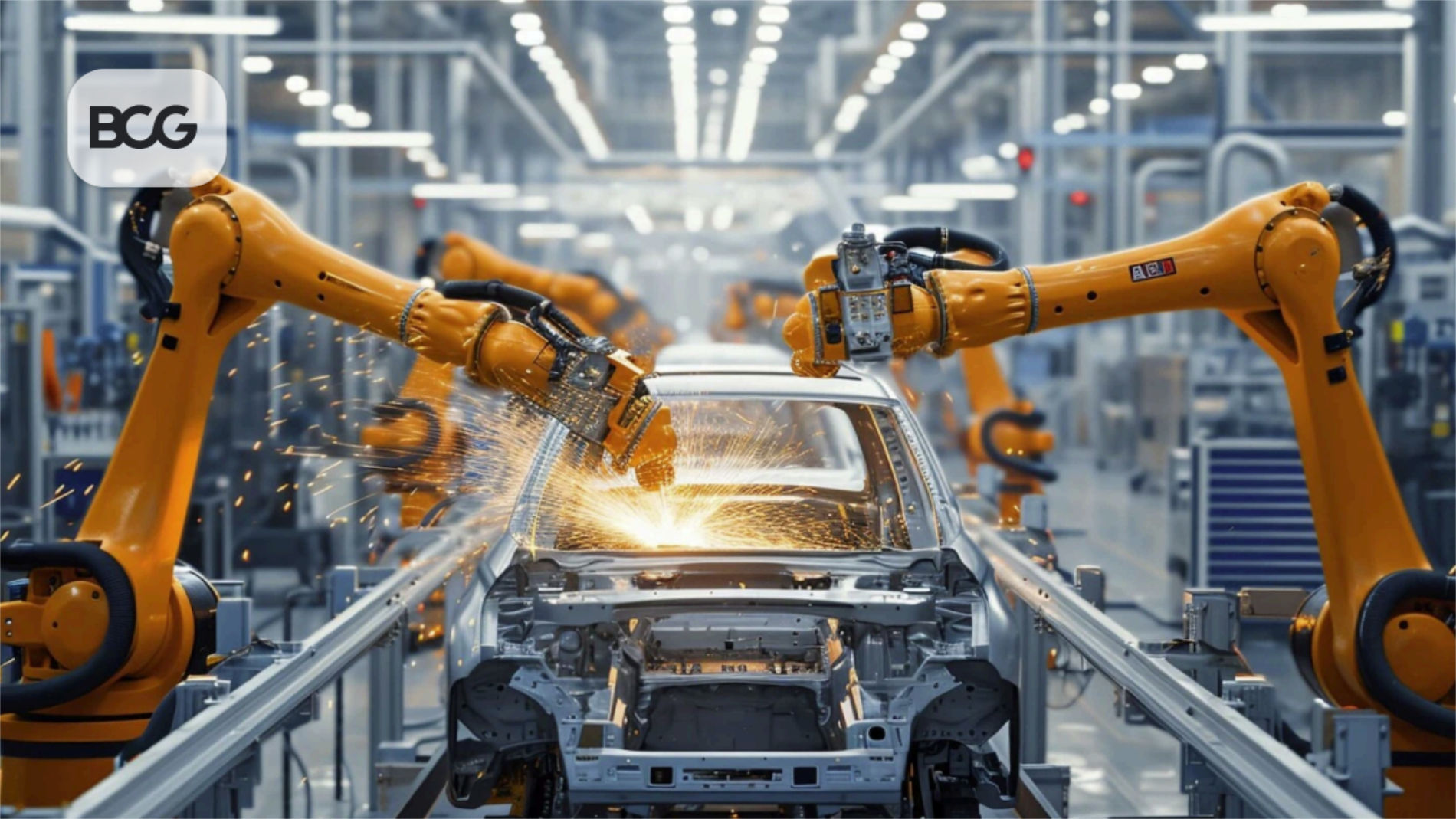Industrieroboter schweißen ein Autochassis in einer modernen Fabrikhalle