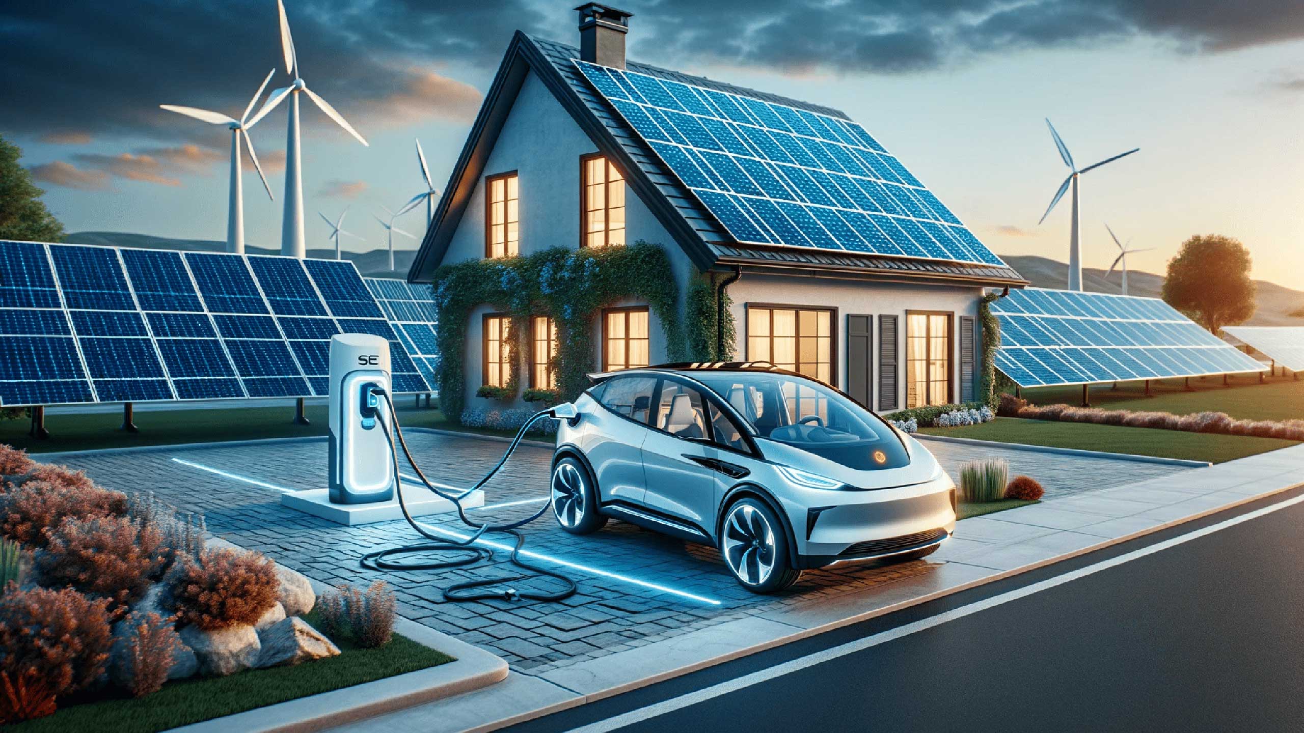 Electric car at charging station in front of a house