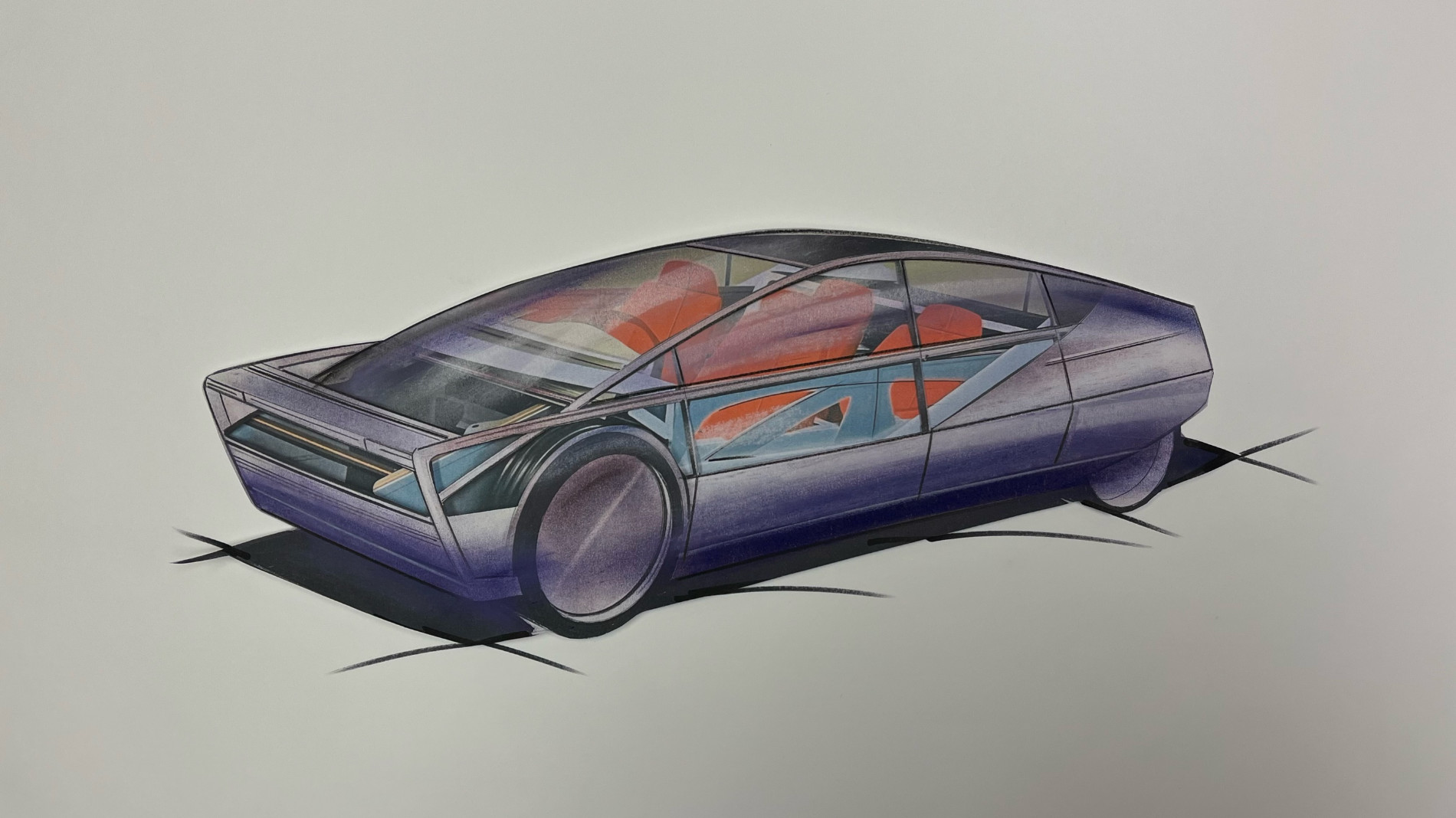 Futuristische Fahrzeugskizze mit sichtbarem Innenraum