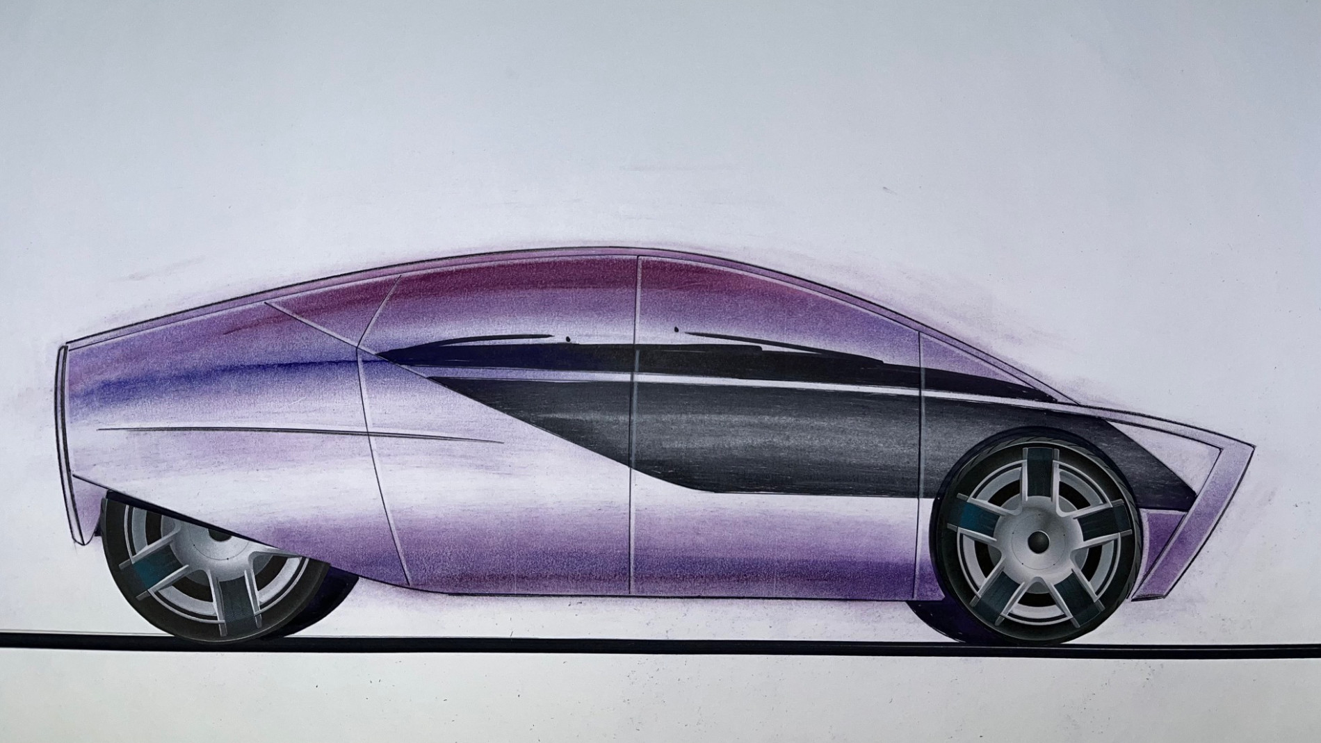 Futuristische Fahrzeugskizze in violetter Seitenansicht