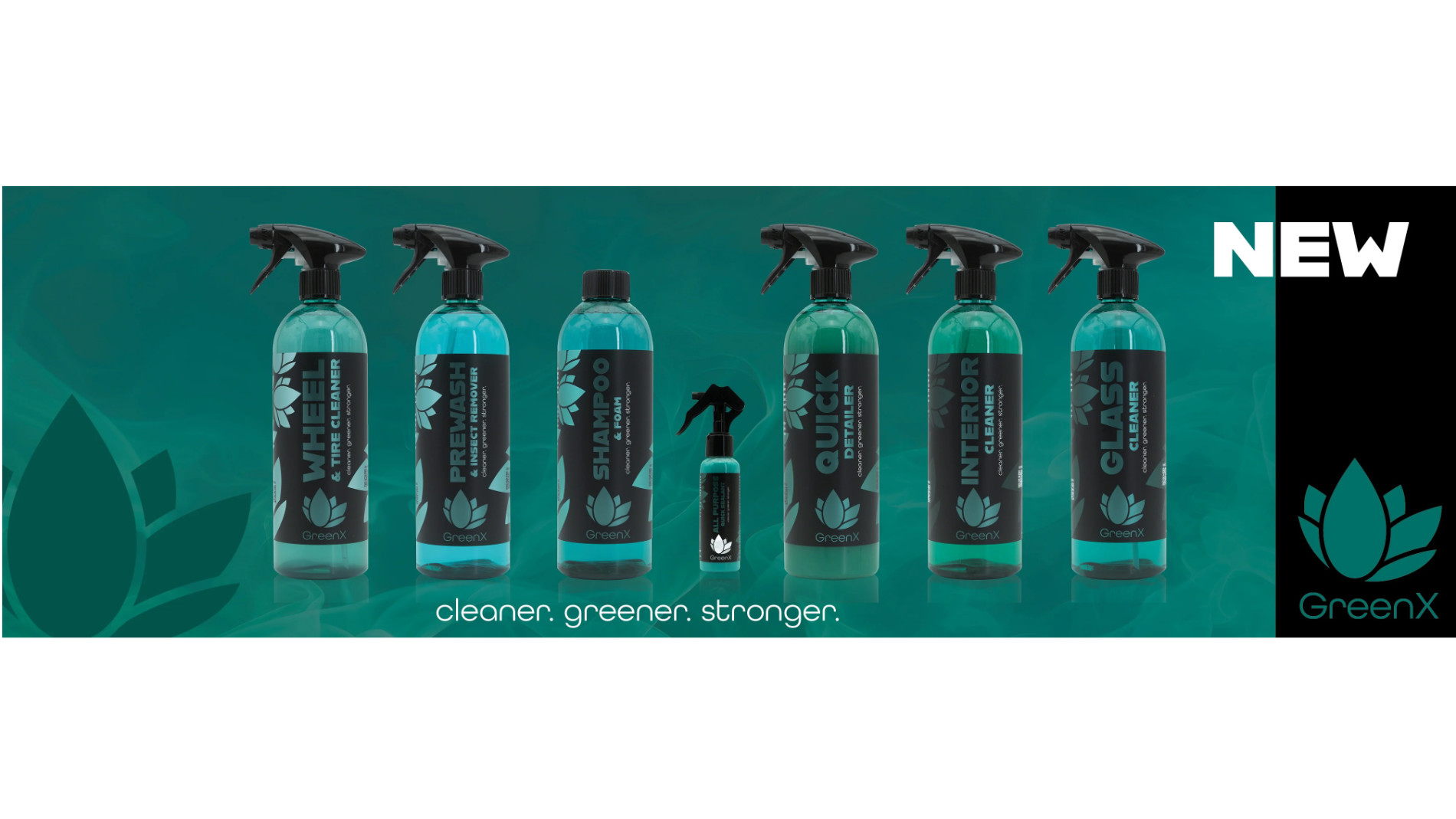 Produktlinie von GreenX mit nachhaltigen Autopflegemitteln – ökologische Reinigungslösungen für professionelle Fahrzeugaufbereitung.