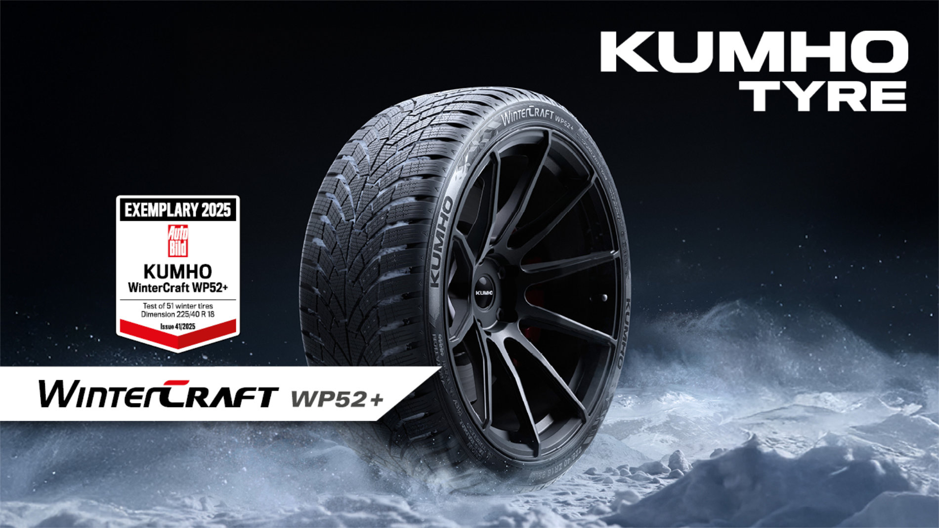 Kumho WinterCraft WP52+ winter tyre in a snowstorm with Auto Bild 2025 award