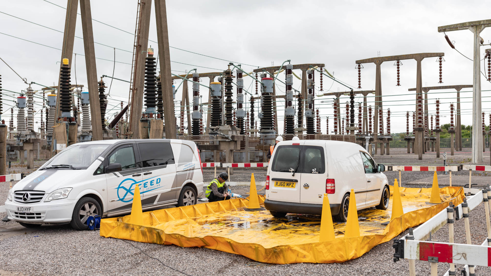 Two cars in an electrical substation