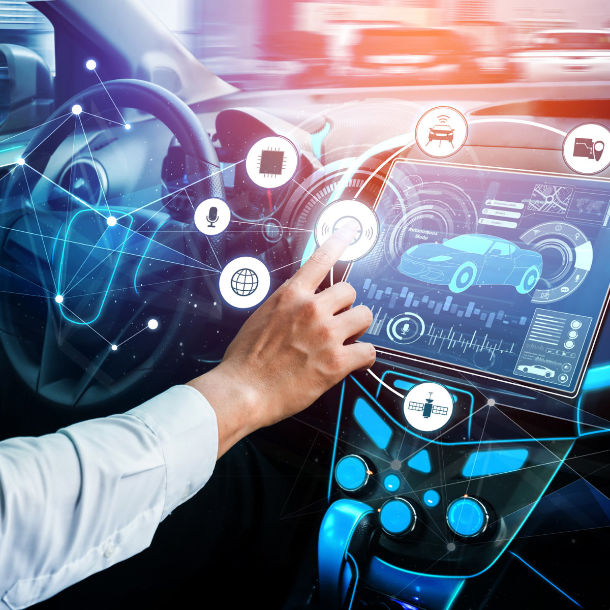 Driverless car interior with futuristic dashboard for autonomous control system . Inside view of cockpit HUD technology using AI artificial intelligence sensor to drive car without people driver .