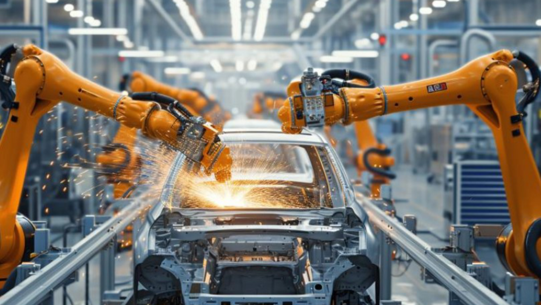Industrial robots weld a car body in a production hall.