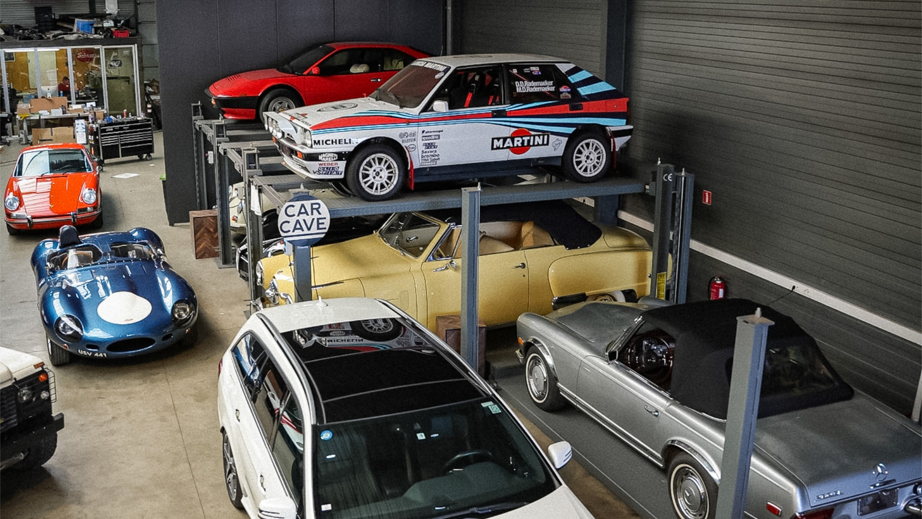 Classic cars in multi-level vintage garage