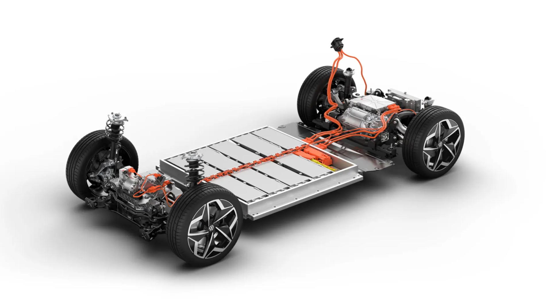 Electric car chassis with battery and drive system visible