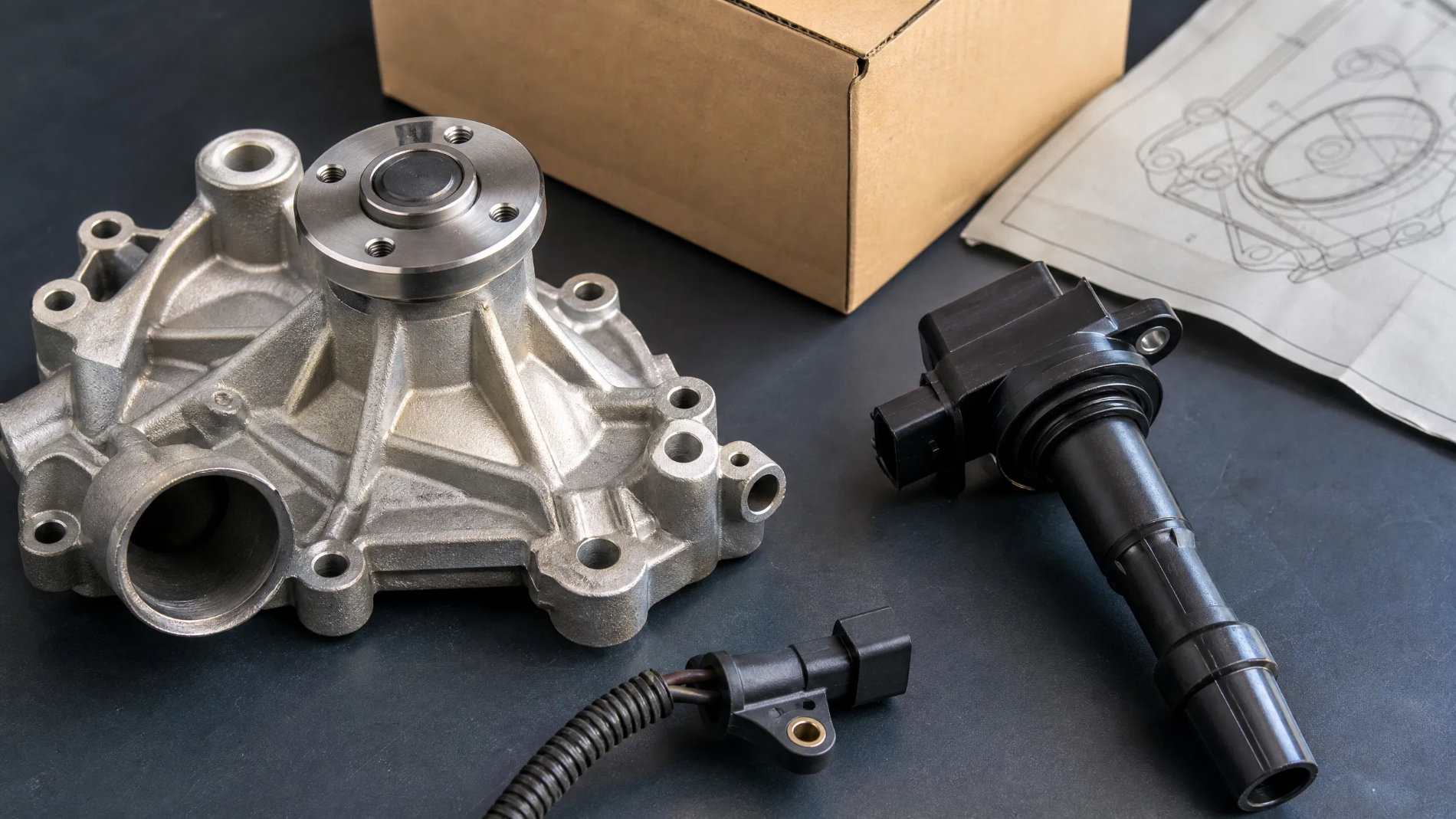 OEM car parts with water pump and ignition coil
