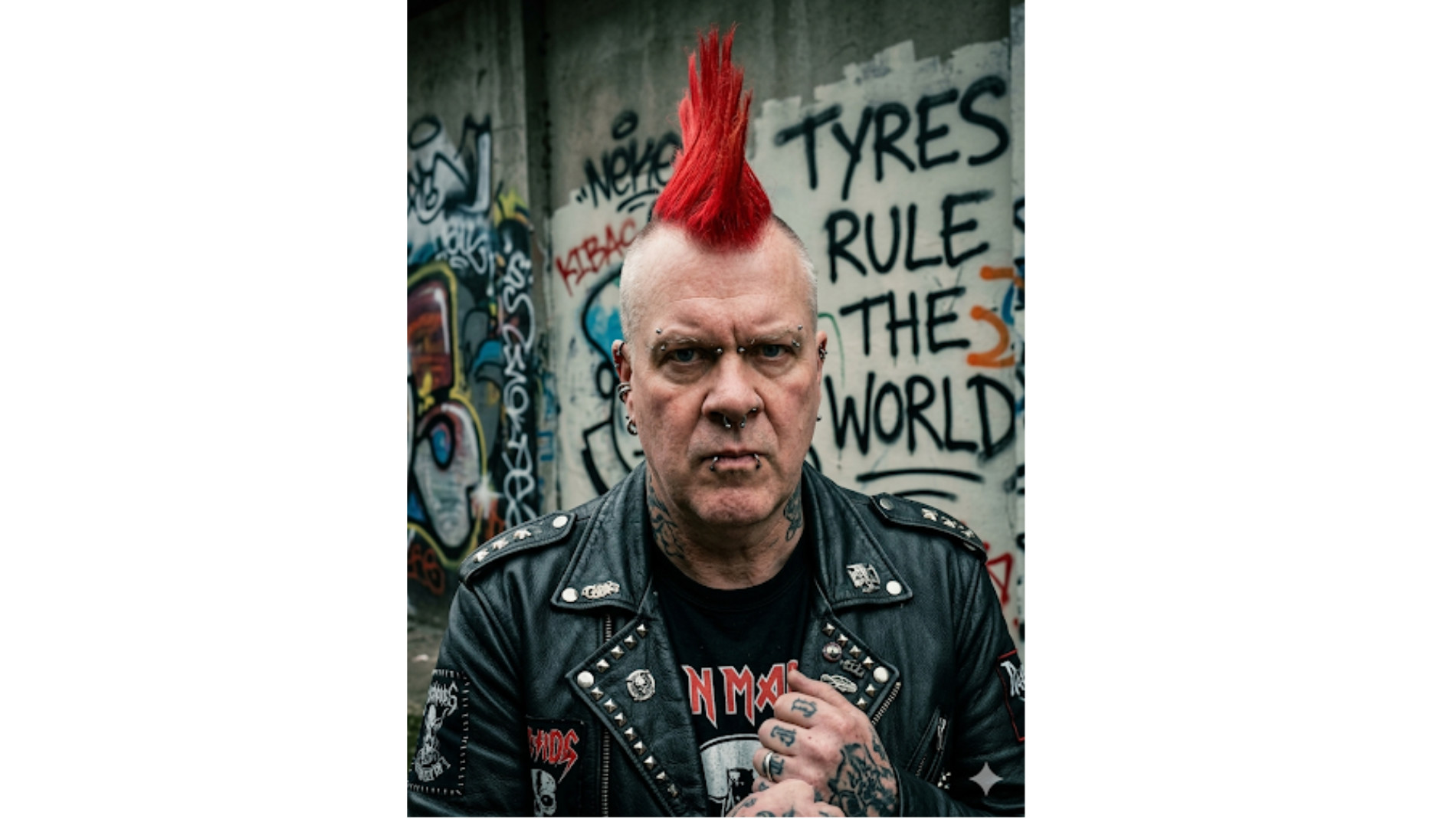 Punk mit rotem Irokesenschnitt vor Graffitiwand