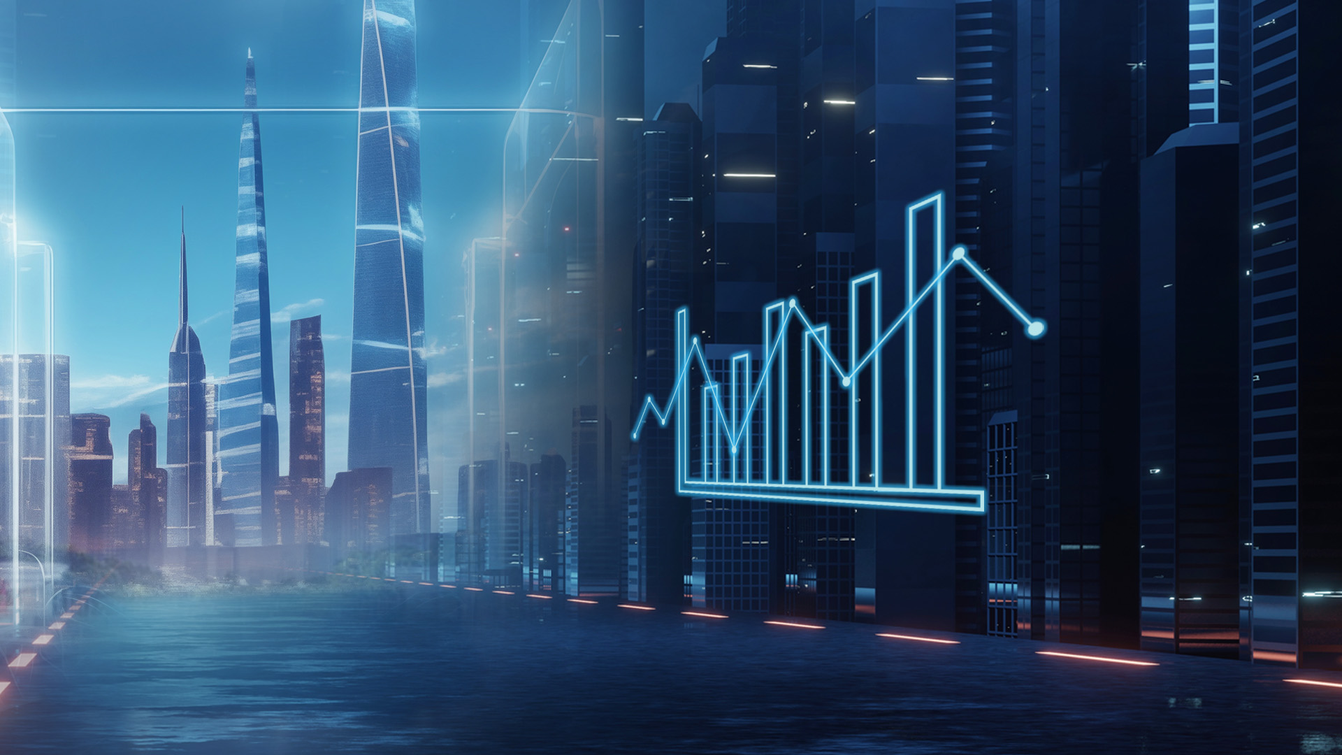 Futuristic cityscape with digital skyscrapers and a glowing chart