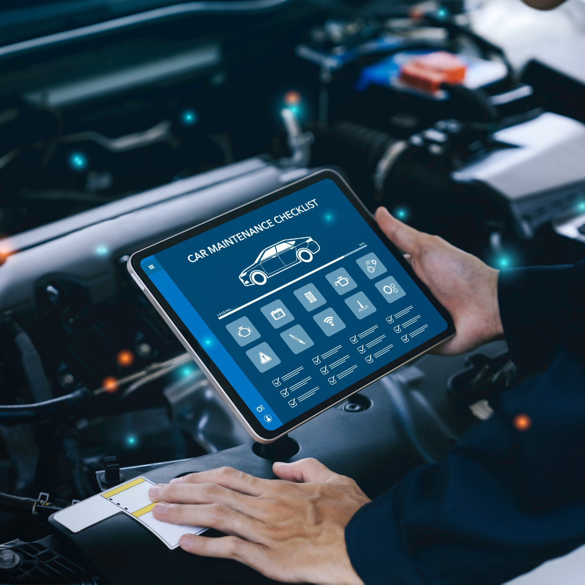 Mechaniker überprüft Fahrzeug mit digitaler Wartungscheckliste auf Tablet.