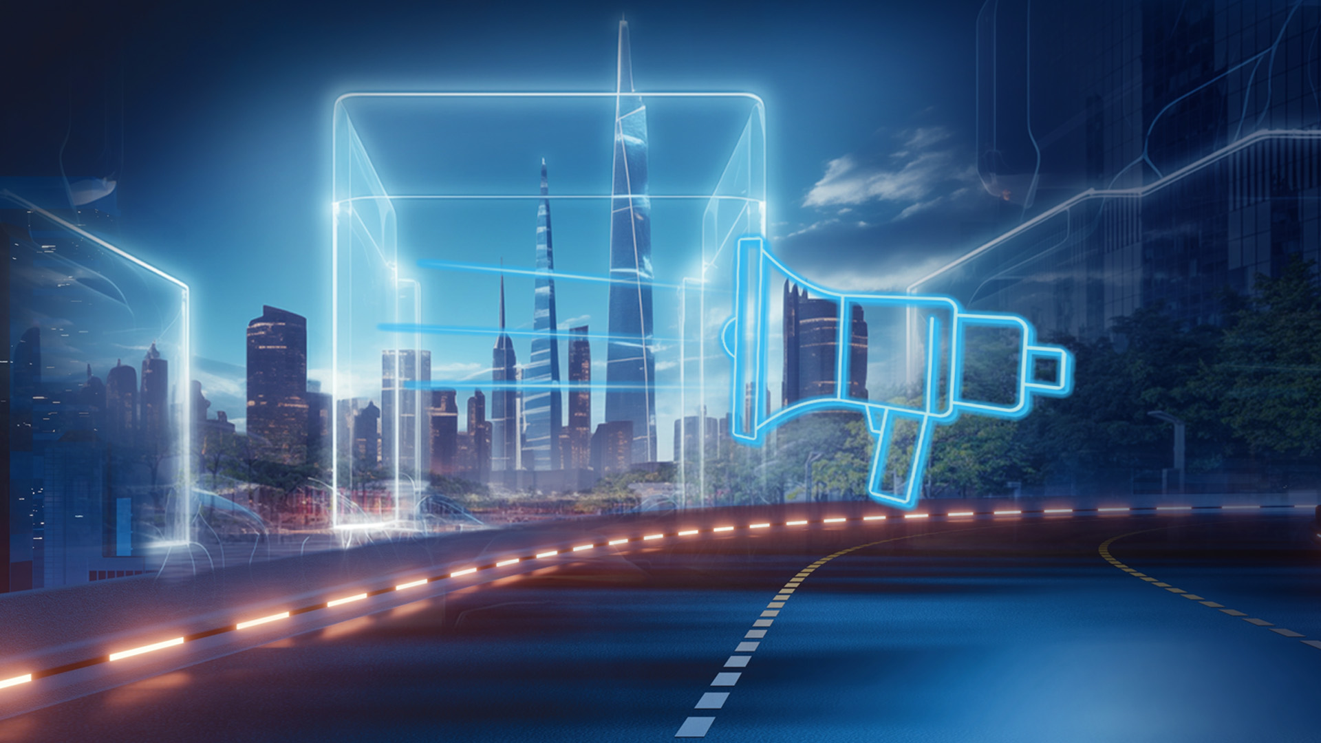 Digitale Illustration einer modernen Stadt mit leuchtendem Megafon-Symbol